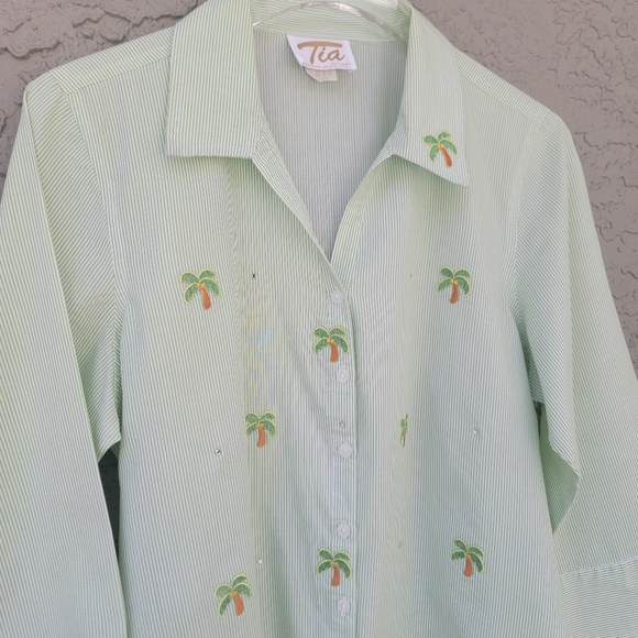 Tia Designs 3/4 sleeves coconut tree patches button down shirt size Large - Picture 7 of 13